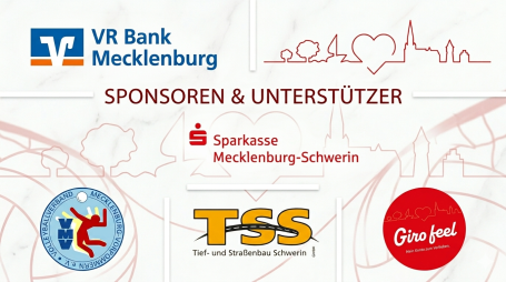 Logo der VR Bank Mecklenburg und Sponsorenlogos von Sparkasse, TSS und Gifu Food.