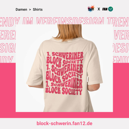 FanShop Beige T-Shirt mit wiederholtem Schriftzug: "Block Society" in pink.