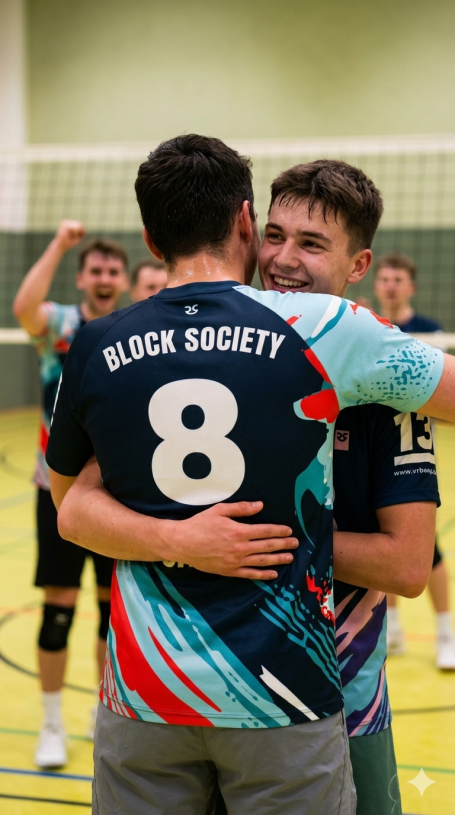 Zwei Volleyballspieler umarmen sich, jubelnd, mit der Nummer 8 auf dem Trikot.