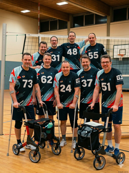 Eine Gruppe von acht Männern in Sportkleidung mit Rollatoren in einer Sporthalle.